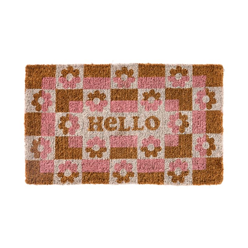 Home Republic - Coir Hello Retro Floral White & Pink Doormat, Homewares