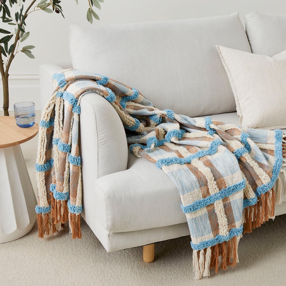 Ani Natural & Blue Check Throw | Adairs