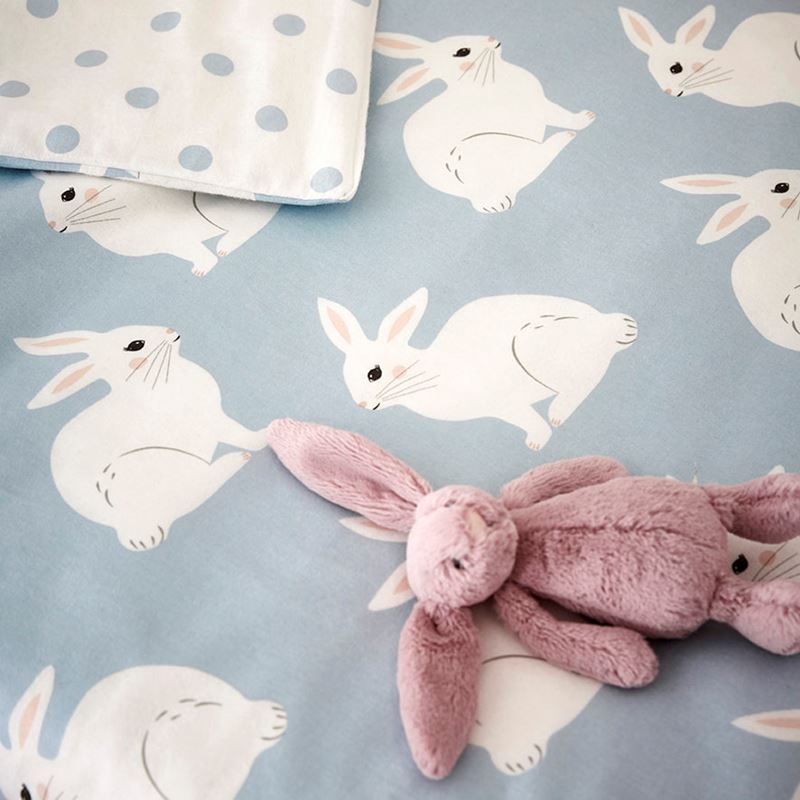 Bunny Love Pale Blue Cot Flannelette Quilt Cover Set | Adairs