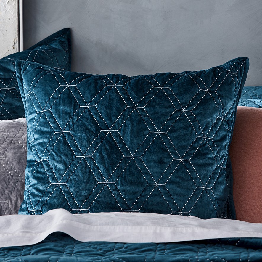 Valentina Quilted Petrol Blue Velvet Pillowcase Adairs